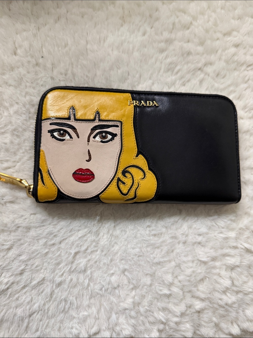 Prada (rare) Black Leather Zip Wallet with Yellow Pop-Art Face